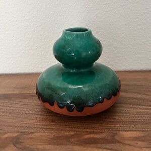 Vintage Mexico Red Clay Ceramic Pottery‎ Vase Southwestern Green Glaze Handmade